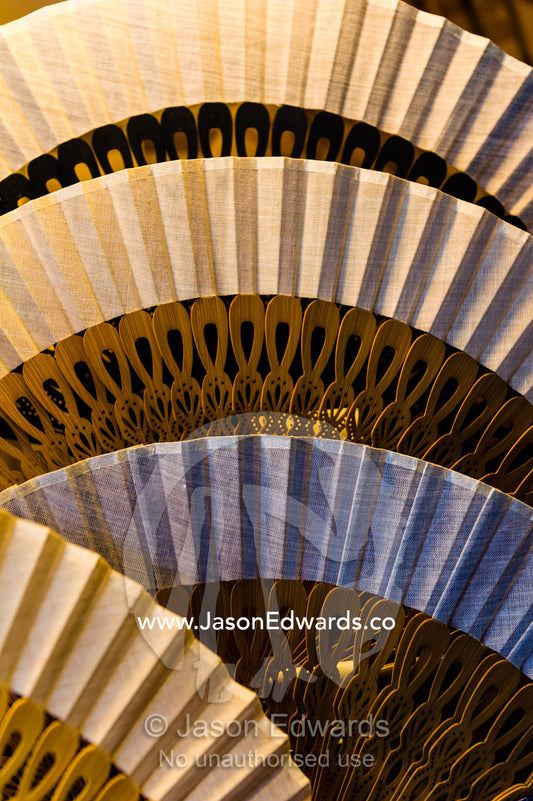 A shop near a temple sells delicate traditionally decorated Japanese fans. Yasaka Pagoda, Hokanji Temple, Higashiyama, Kyoto, Japan.