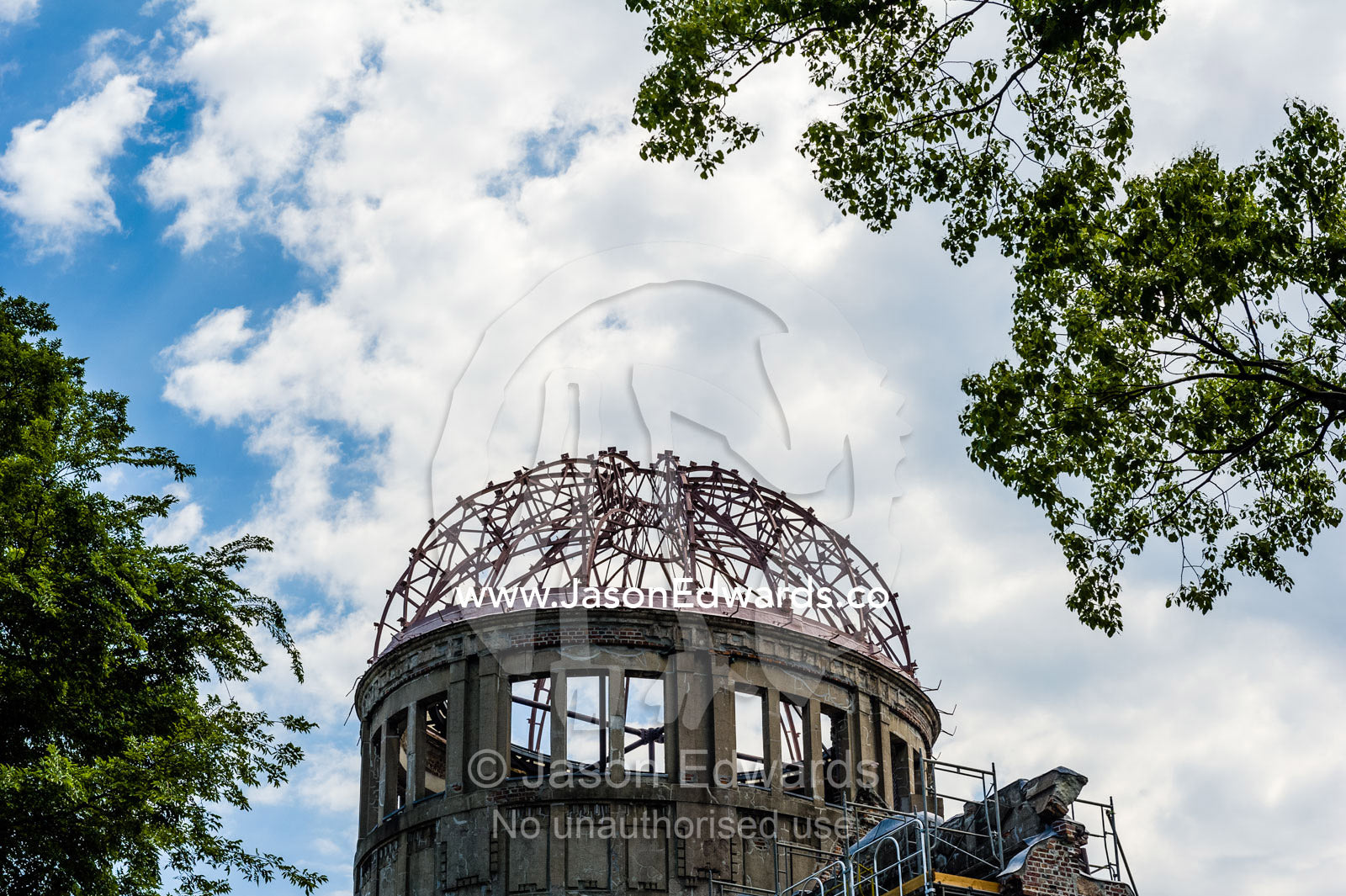 The ruin of the Hiroshima Prefectural Industrial Promotion Hall known as the Atomic Bomb Dome or Genbaku Dōmu. Hiroshima Peace Memorial Park, Hiroshima, Honshu Island, Japan.