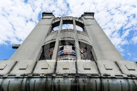 The ruin of the Hiroshima Prefectural Industrial Promotion Hall known as the Atomic Bomb Dome or Genbaku Dōmu. Hiroshima Peace Memorial Park, Hiroshima, Honshu Island, Japan.