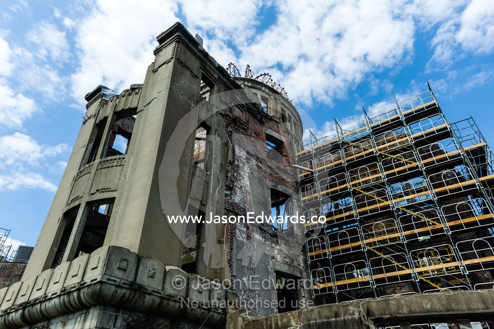 The ruin of the Hiroshima Prefectural Industrial Promotion Hall known as the Atomic Bomb Dome or Genbaku Dōmu. Hiroshima Peace Memorial Park, Hiroshima, Honshu Island, Japan.