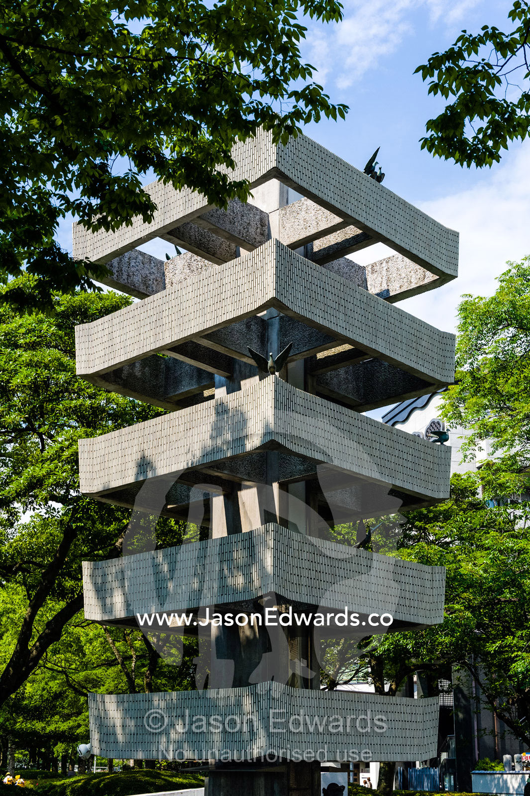Memorial Tower to the Mobilized Students commemorates those who were Atomic Bomb victims, and who died in bombings during the Pacific War. Hiroshima Peace Memorial Park, Hiroshima, Honshu Island, Japan.