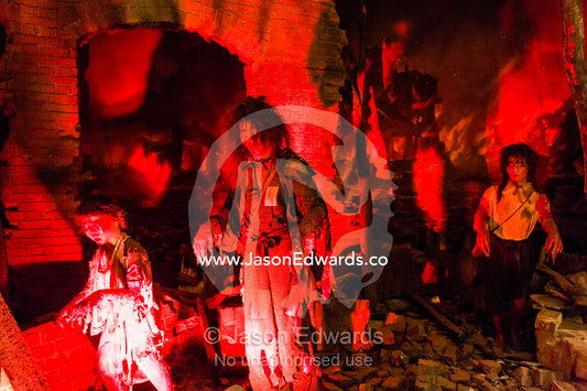 A diorama depicting victims of the Atomic Bomb blast in an inferno and ruins of Hiroshima. Hiroshima Peace Memorial Museum, Hiroshima Peace Memorial Park, Hiroshima, Honshu Island, Japan.