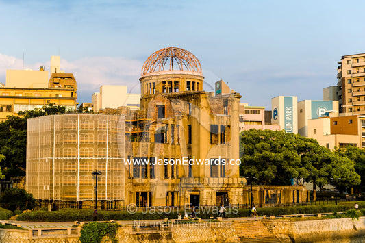 Sunset on the ruin of the Hiroshima Prefectural Industrial Promotion Hall known as the Atomic Bomb Dome or Genbaku Dōmu. Hiroshima Peace Memorial Park, Hiroshima, Honshu Island, Japan.