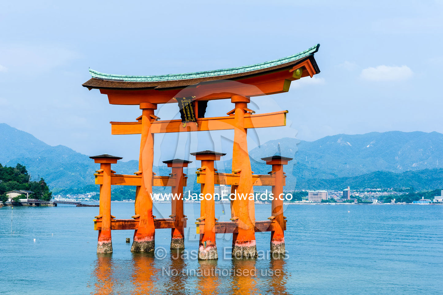 The famous floating torii gate at Itsukushima Shrine is a Ryōbu-style torii. Itsukushima Shrine, Miyajima, Itsukushima Island, Inland Sea of Japan, Hiroshima Bay, Japan.