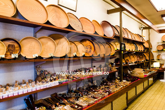 A souvenir shop selling wooden platters, cutlery and carvings. Miyajima, Itsukushima Island, Inland Sea of Japan, Hiroshima Bay, Japan.