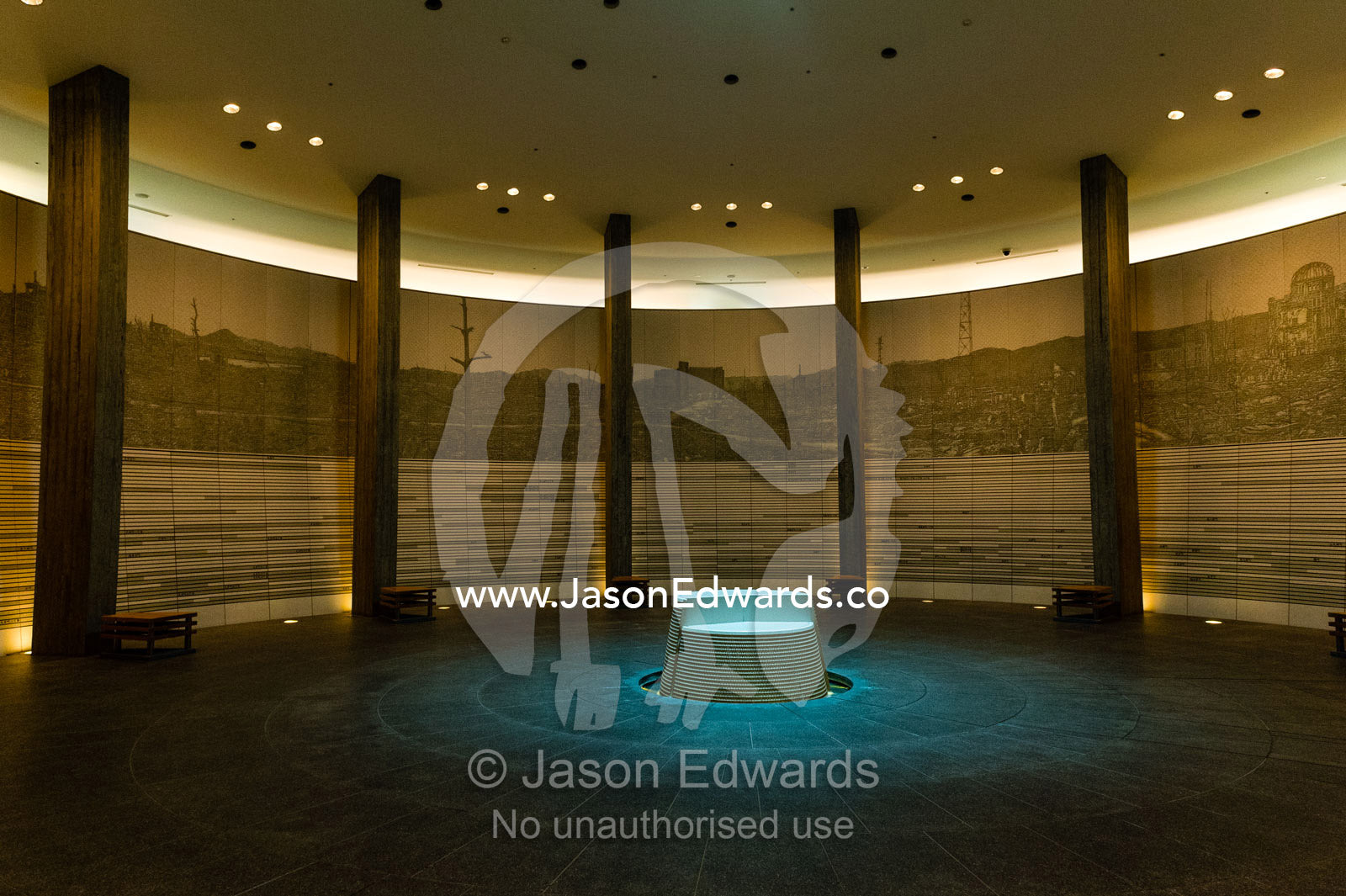 The peaceful circular Hall of Remembrance in the Peace Memorial Hall for Atomic bomb victims. Hiroshima Peace Memorial Park, Hiroshima, Honshu Island, Japan.