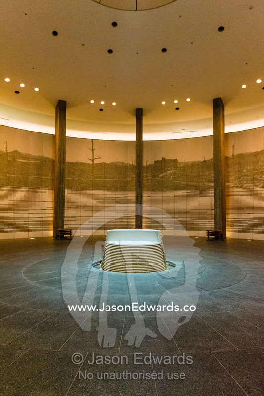 The peaceful circular Hall of Remembrance in the Peace Memorial Hall for Atomic bomb victims. Hiroshima Peace Memorial Park, Hiroshima, Honshu Island, Japan.