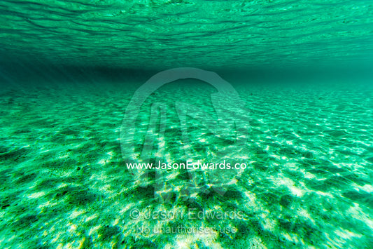 The shallow turquoise waters and white sandy ocean floor near a tropical island. Wreck Beach, Heron Island, Great Barrier Reef, Queensland, Australia.