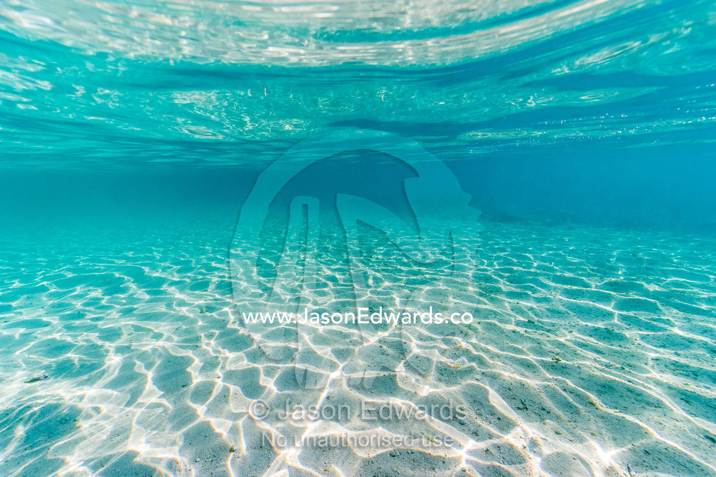 The shallow turquoise waters and white sandy ocean floor near a tropical island. Heron Island, Great Barrier Reef, Queensland, Australia.