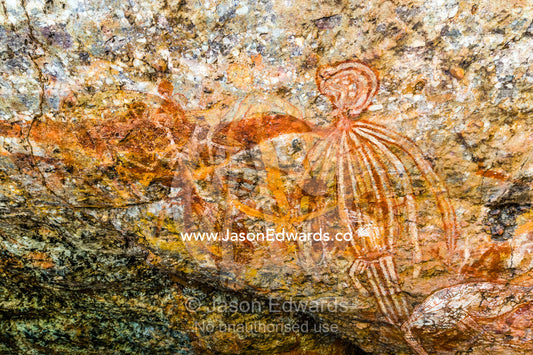 An Aboriginal rock painting art incline gallery featuring a Nammarrnde type figure. Burrunggui, Nourlangie Rock, Arnhem Land, Kakadu National Park, Northern Territory, Australia.