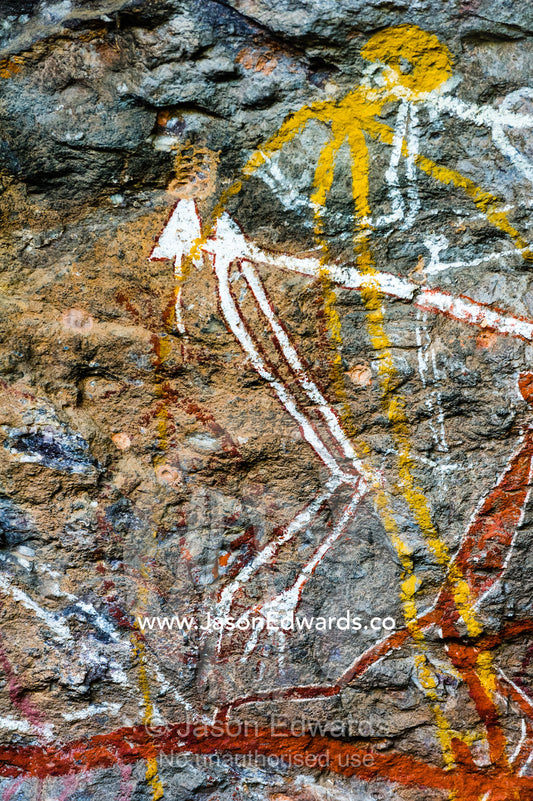 An Aboriginal rock painting art gallery featuring Mimi spirits which are fairy-like beings in Arnhem Land. Burrunggui, Nourlangie Rock, Arnhem Land, Kakadu National Park, Northern Territory, Australia.