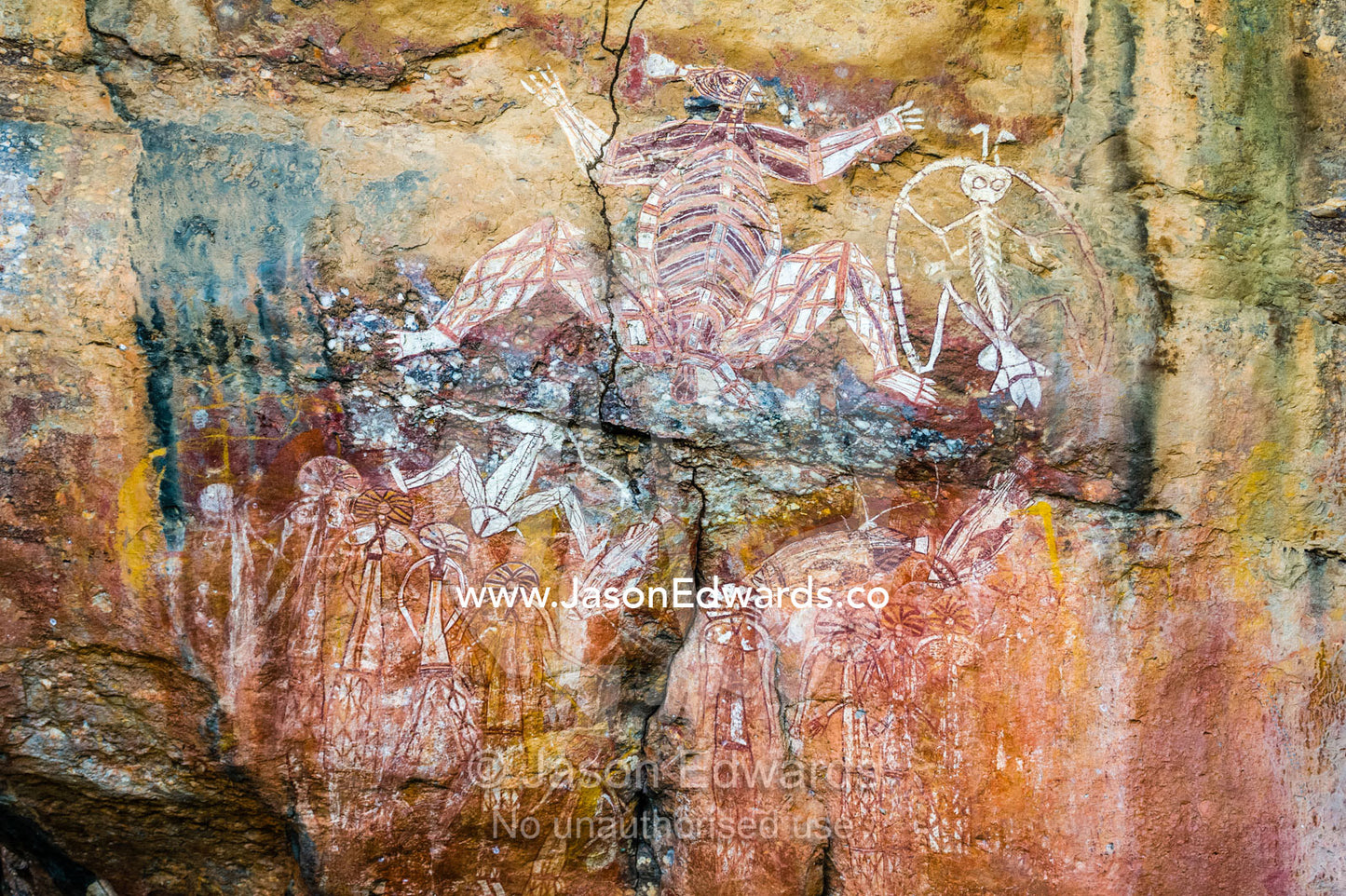 An Aboriginal rock painting art gallery featuring Namarrgon the Lightning Man. Burrunggui, Nourlangie Rock, Arnhem Land, Kakadu National Park, Northern Territory, Australia.