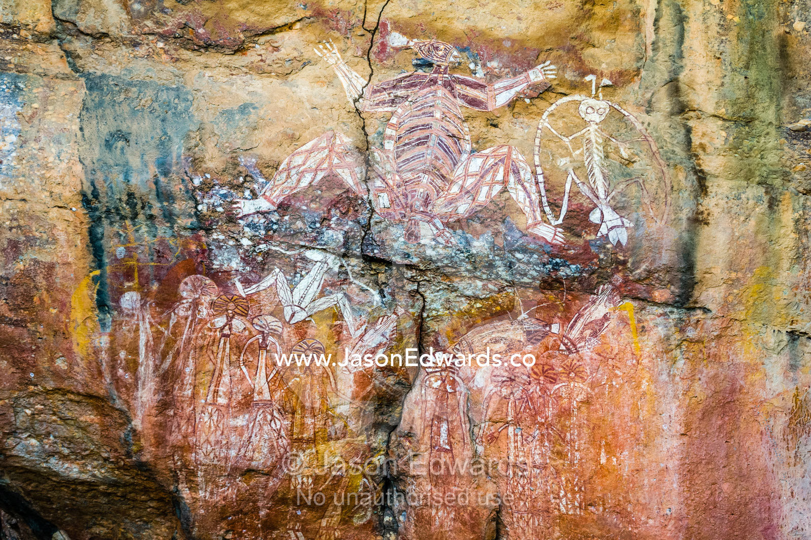 An Aboriginal rock painting art gallery featuring Namarrgon the Lightning Man. Burrunggui, Nourlangie Rock, Arnhem Land, Kakadu National Park, Northern Territory, Australia.