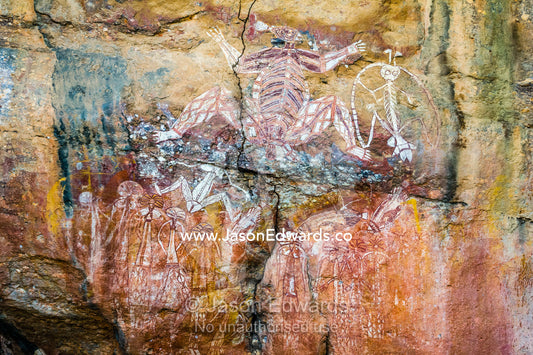 An Aboriginal rock painting art gallery featuring Namarrgon the Lightning Man. Burrunggui, Nourlangie Rock, Arnhem Land, Kakadu National Park, Northern Territory, Australia.