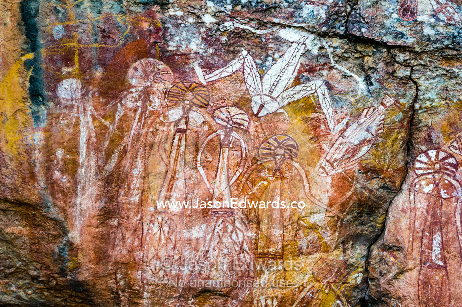 An Aboriginal rock painting art gallery featuring Barginj who is Namarrgons wife. Burrunggui, Nourlangie Rock, Arnhem Land, Kakadu National Park, Northern Territory, Australia.