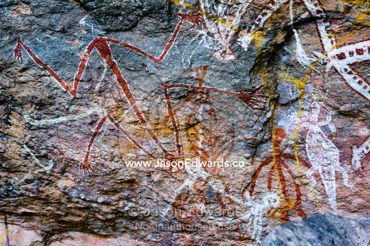 An Aboriginal rock painting art incline gallery featuring a Mimi spirits, dancing figures. Burrunggui, Nourlangie Rock, Arnhem Land, Kakadu National Park, Northern Territory, Australia.
