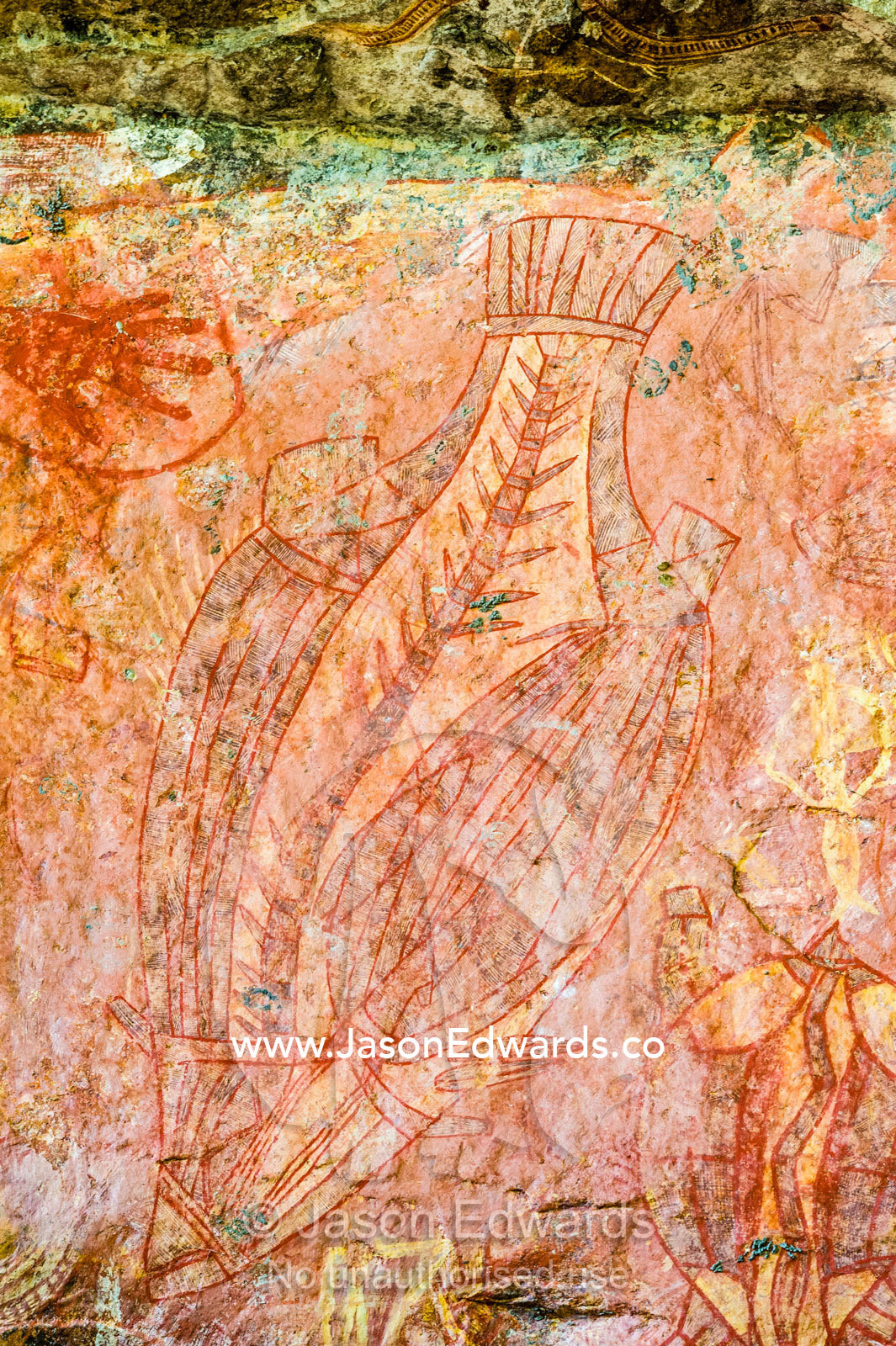 An Aboriginal x-ray rock painting art gallery featuring a Barramundi fish. Ubirr, Kakadu National Park, Northern Territory, Australia.