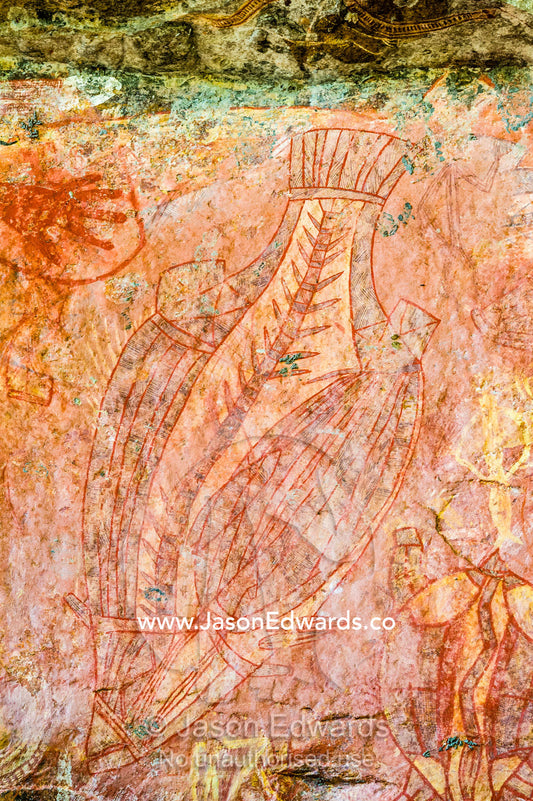 An Aboriginal x-ray rock painting art gallery featuring a Barramundi fish. Ubirr, Kakadu National Park, Northern Territory, Australia.
