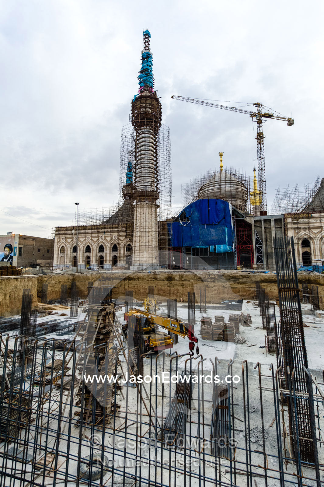 Steel foundation construction rods rusting during a mausoleum renovation. Tomb of Ayatollah Khomeini, Tehran, Tehran Province, Islamic Republic of Iran.