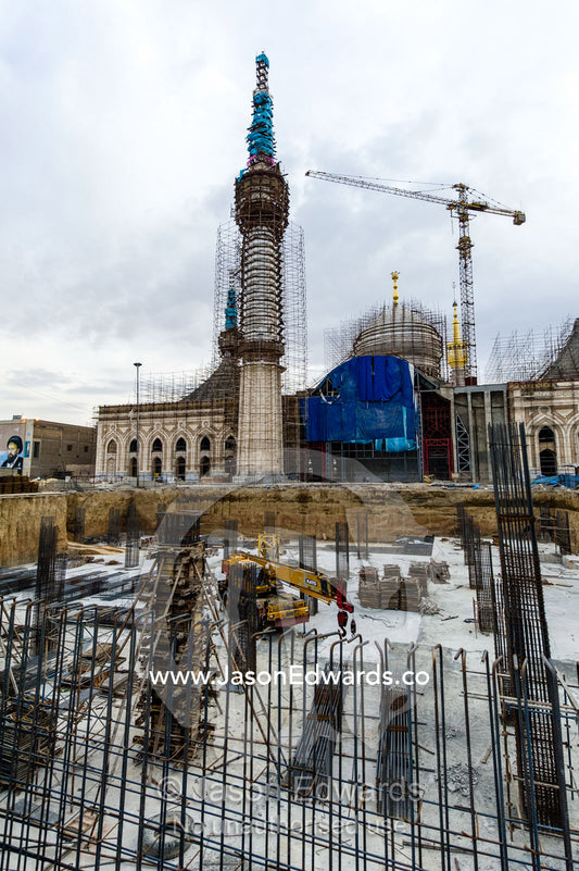 Steel foundation construction rods rusting during a mausoleum renovation. Tomb of Ayatollah Khomeini, Tehran, Tehran Province, Islamic Republic of Iran.