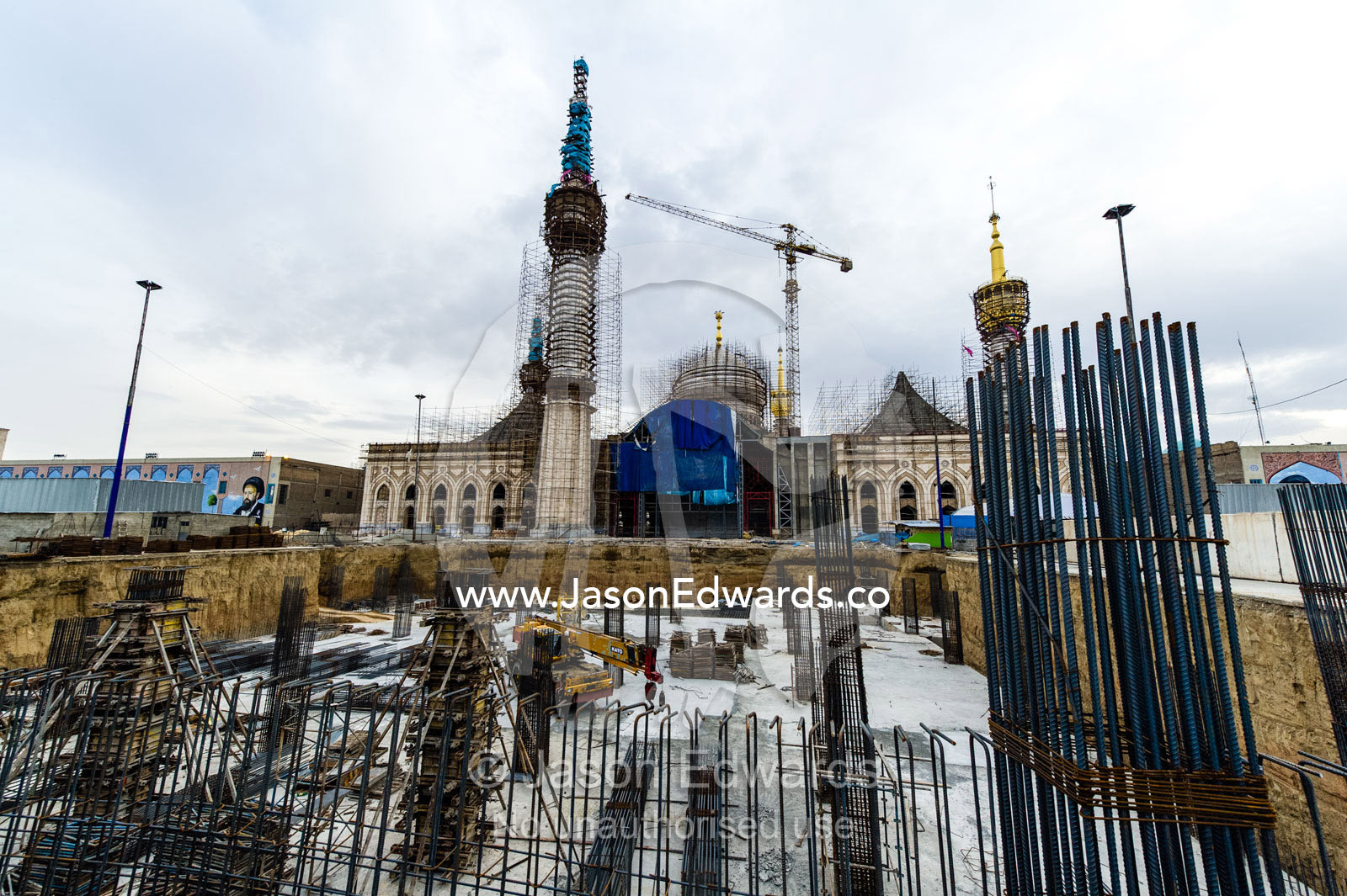 Steel foundation construction rods rusting during a mausoleum renovation. Tomb of Ayatollah Khomeini, Tehran, Tehran Province, Islamic Republic of Iran.