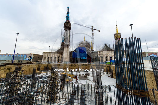 Steel foundation construction rods rusting during a mausoleum renovation. Tomb of Ayatollah Khomeini, Tehran, Tehran Province, Islamic Republic of Iran.
