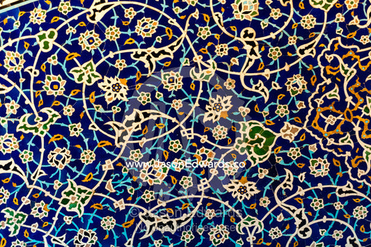 The beautiful and intricate tiled patterns on the wall of the Sheikh Lotfollah Mosque. Sheikh Lotfollah Mosque, Naqsh-e Jahan Square, Isfahan, Isfahan Province, Islamic Republic of Iran.