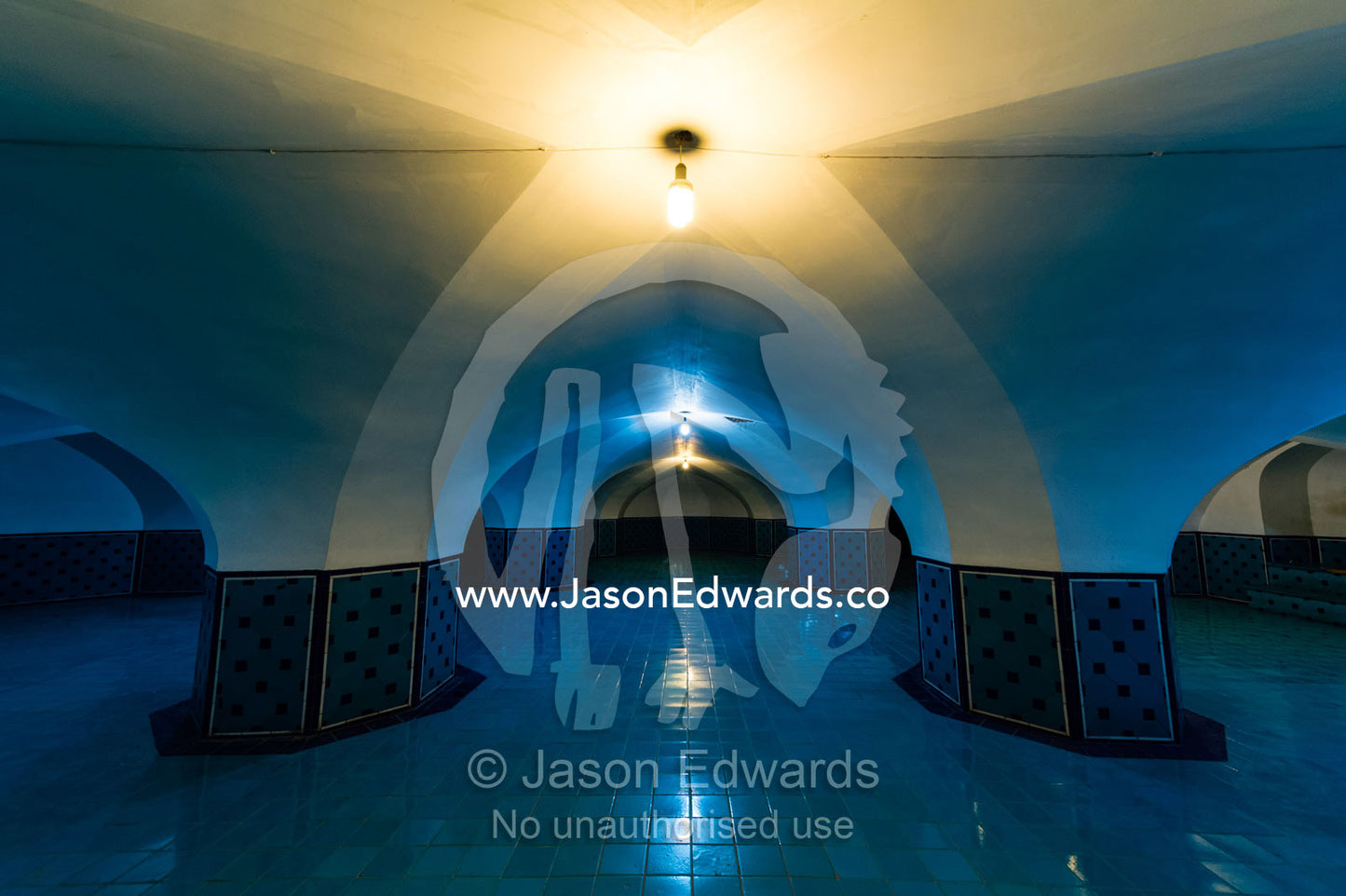 The vaulted ceiling and polished blue floor of the basement in the Sheikh Lotfollah Mosque. Sheikh Lotfollah Mosque, Naqsh-e Jahan Square, Isfahan, Isfahan Province, Islamic Republic of Iran.