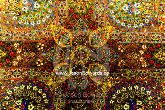 The intricate woven details of a high quality Persian carpet. Isfahan Bazaar, Isfahan, Islamic Republic of Iran.