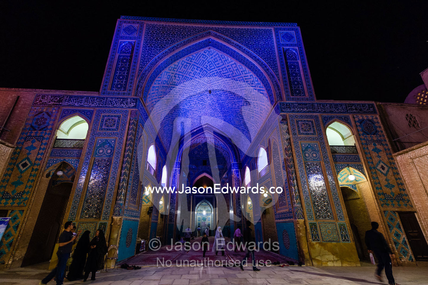 The iridescent blue entrance to the Jame Mosque prayer hall from the main courtyard. Jame Mosque of Yazd, Yazd, Yazd Province, Islamic Republic of Iran.