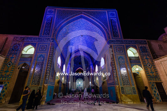 The iridescent blue entrance to the Jame Mosque prayer hall from the main courtyard. Jame Mosque of Yazd, Yazd, Yazd Province, Islamic Republic of Iran.