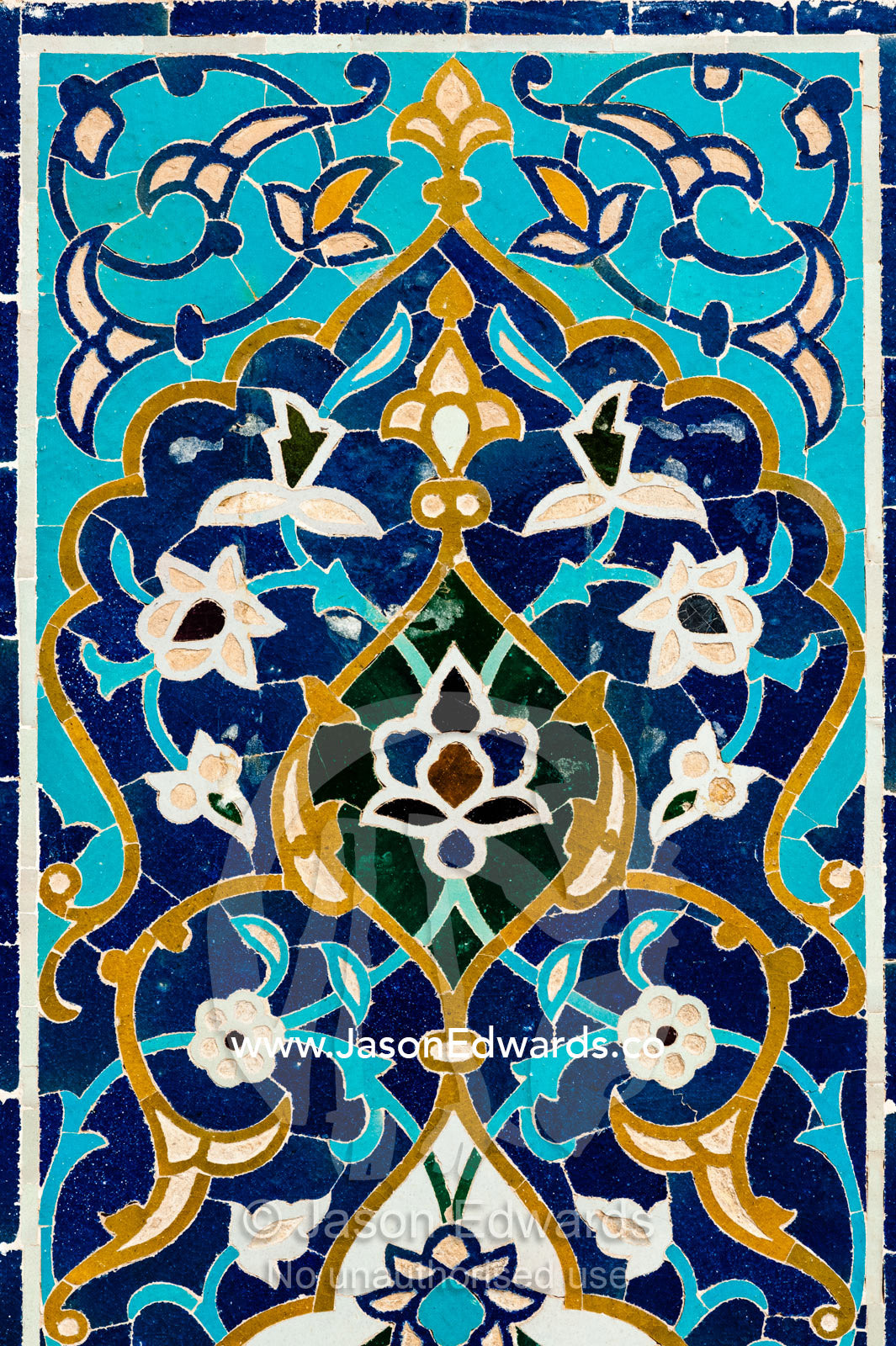 A detail of the intricate flower tile work in the Jame Mosque. Jame Mosque of Yazd, Yazd, Yazd Province, Islamic Republic of Iran.