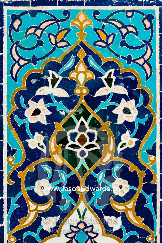 A detail of the intricate flower tile work in the Jame Mosque. Jame Mosque of Yazd, Yazd, Yazd Province, Islamic Republic of Iran.