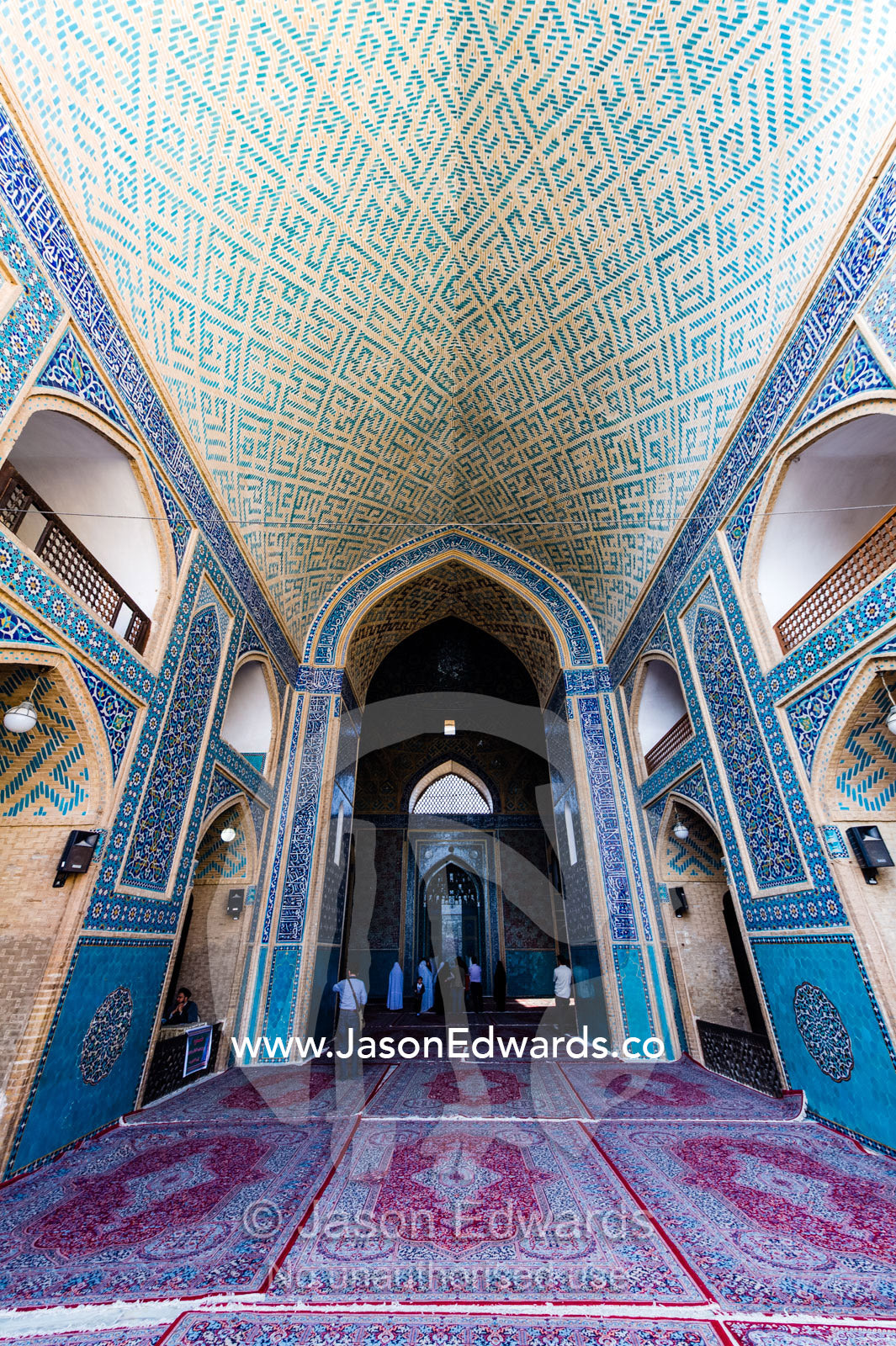 The blue tiled entrance to the Jame Mosque prayer hall from the main courtyard. Jame Mosque of Yazd, Yazd, Yazd Province, Islamic Republic of Iran.