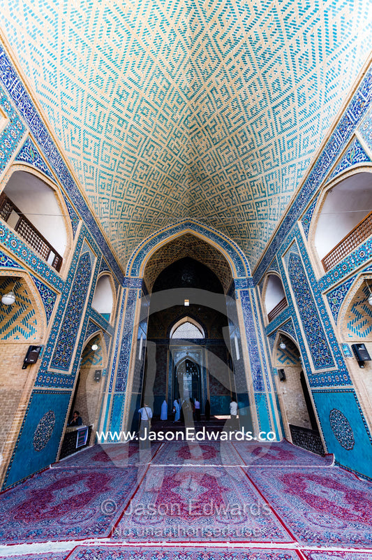 The blue tiled entrance to the Jame Mosque prayer hall from the main courtyard. Jame Mosque of Yazd, Yazd, Yazd Province, Islamic Republic of Iran.