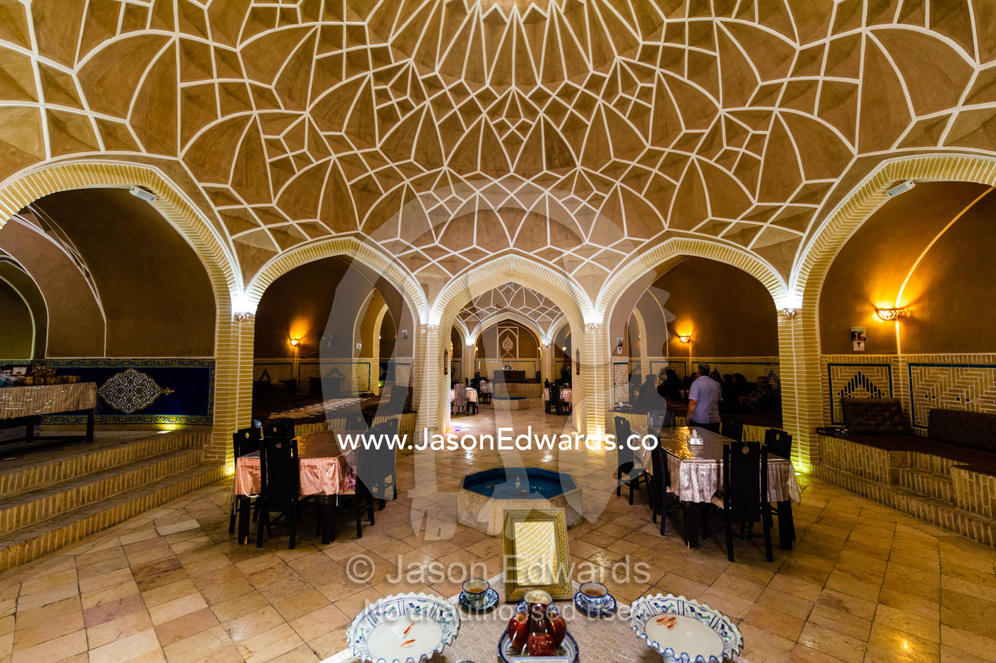 The domed ceiling of an elegant restaurant converted from a traditional public bathhouse. Yazd, Yazd Province, Islamic Republic of Iran.