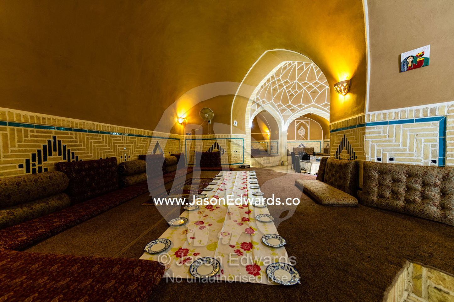 An elegant restaurant converted from a traditional public bathhouse waiting for guests to arrive. Yazd, Yazd Province, Islamic Republic of Iran.