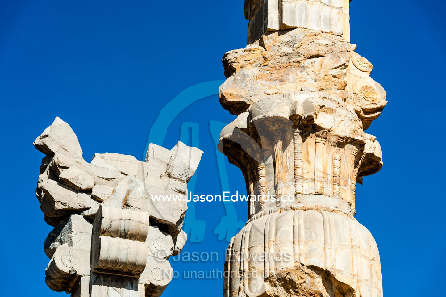 The carved stone capital of a column in the Gate of All Nations. Persepolis, Shiraz, Fars Province, Islamic Republic of Iran.
