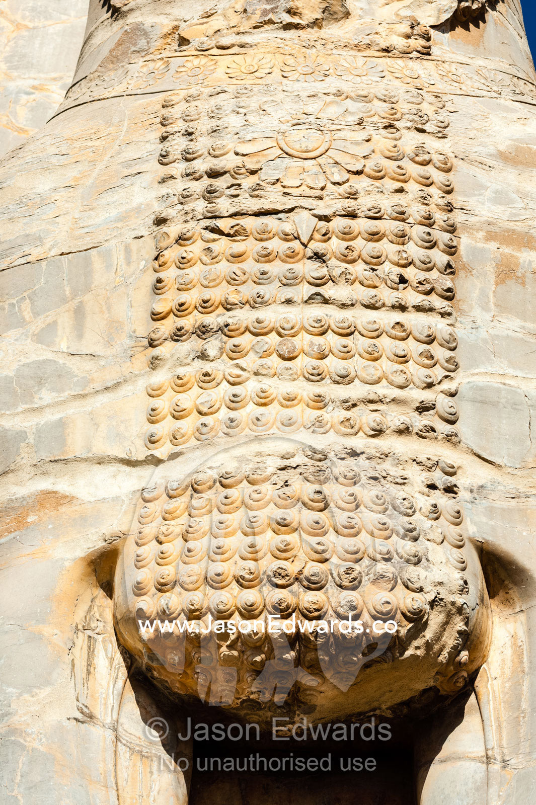 The beard of a protective gods known as Lamassu at the Gate of All Nations in Persepolis. Persepolis, Shiraz, Fars Province, Islamic Republic of Iran.