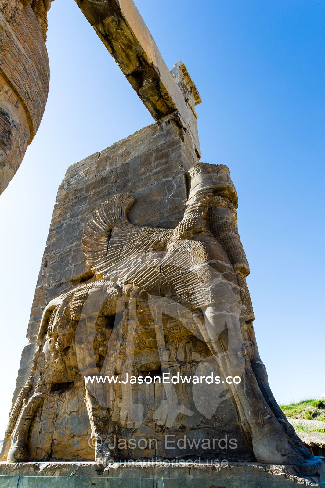 Towering protective gods known as Lamassu at the Gate of All Nations in Persepolis. Persepolis, Shiraz, Fars Province, Islamic Republic of Iran.