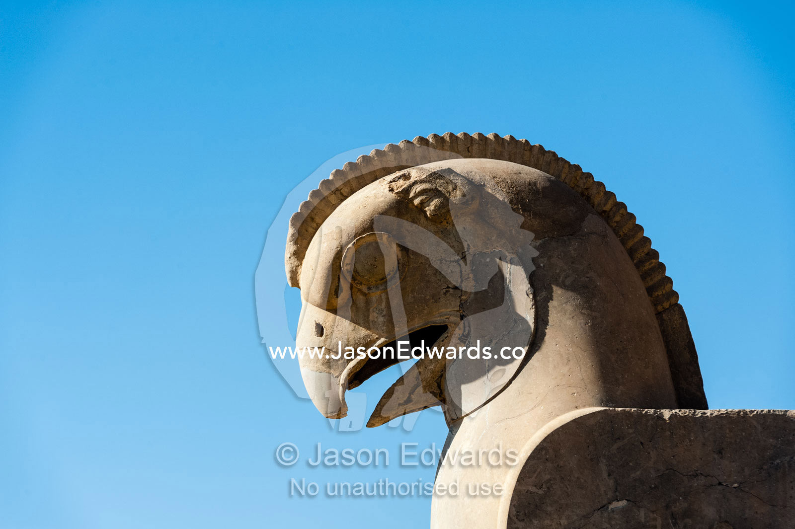 The magnificent features of a griffin carved in stone at Persepolis. Persepolis, Shiraz, Fars Province, Islamic Republic of Iran.