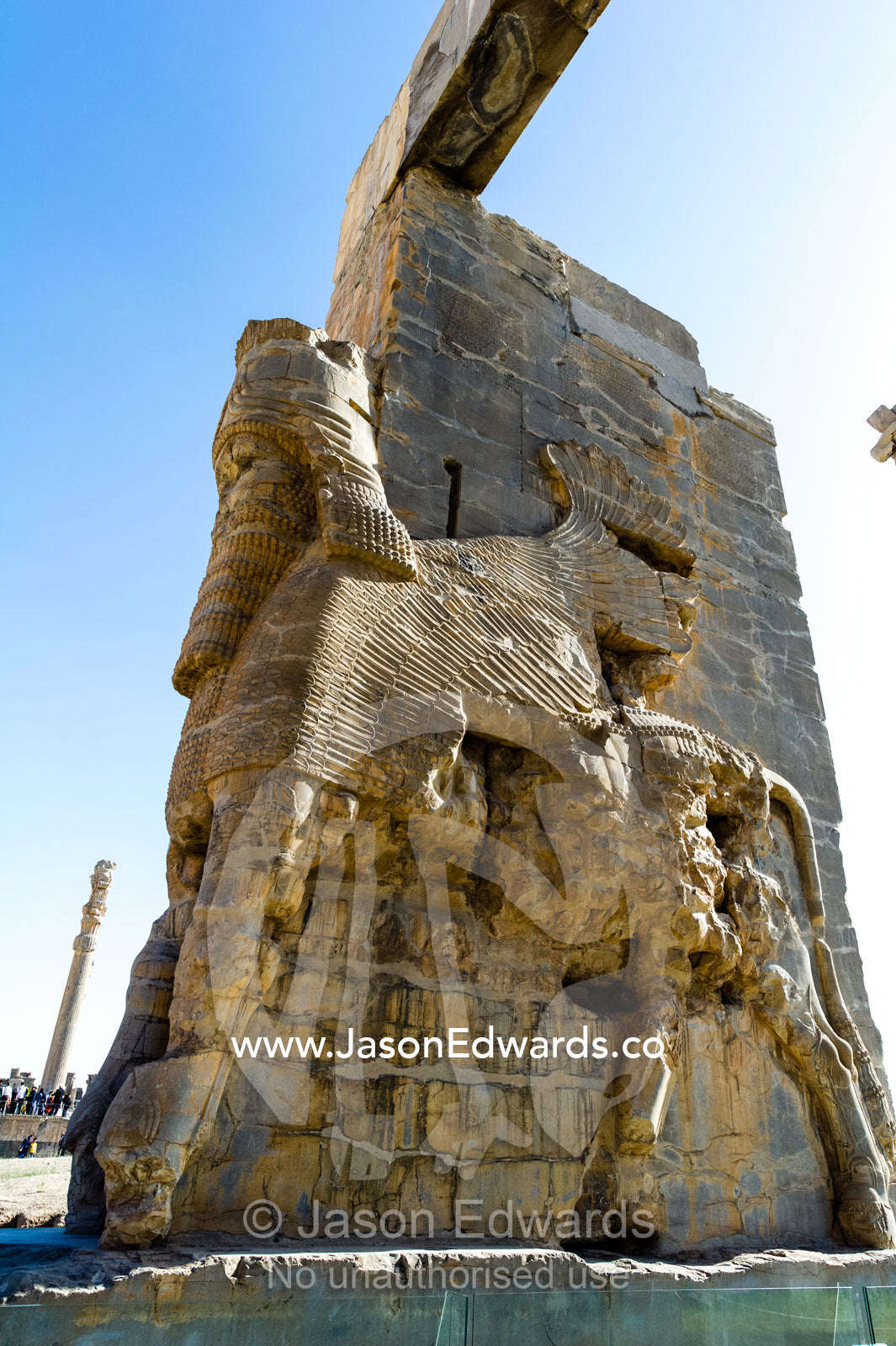 Towering protective gods known as Lamassu at the Gate of All Nations in Persepolis. Persepolis, Shiraz, Fars Province, Islamic Republic of Iran.