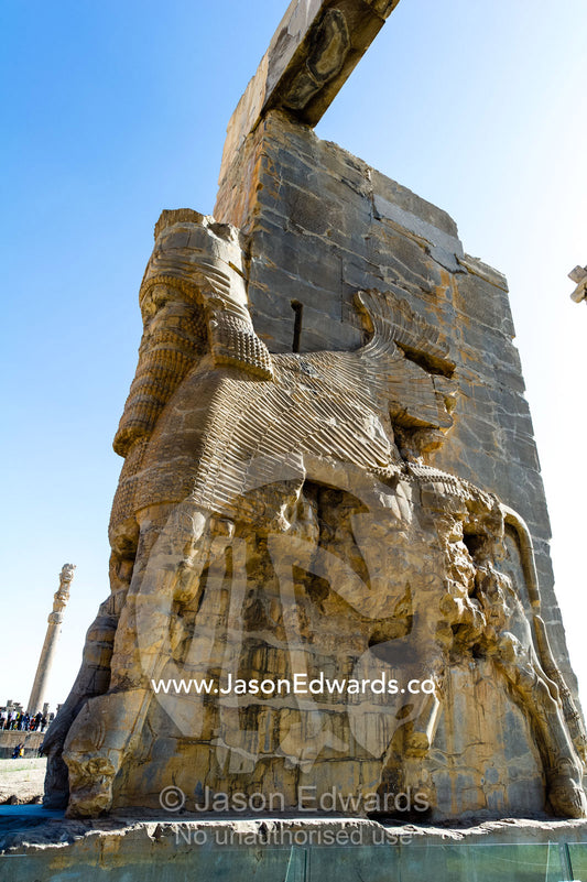 Towering protective gods known as Lamassu at the Gate of All Nations in Persepolis. Persepolis, Shiraz, Fars Province, Islamic Republic of Iran.