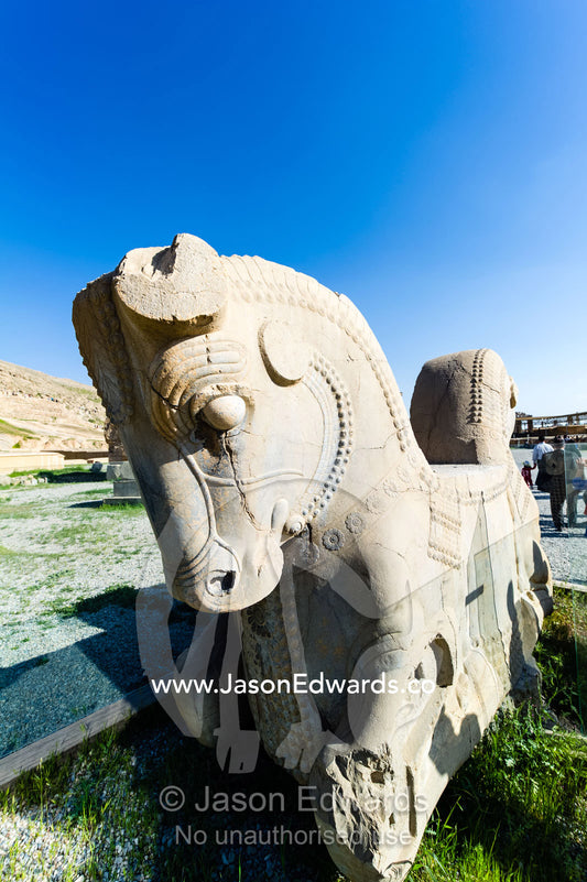 An enormous stone carving that once rested on a column at Persepolis. Persepolis, Shiraz, Fars Province, Islamic Republic of Iran.