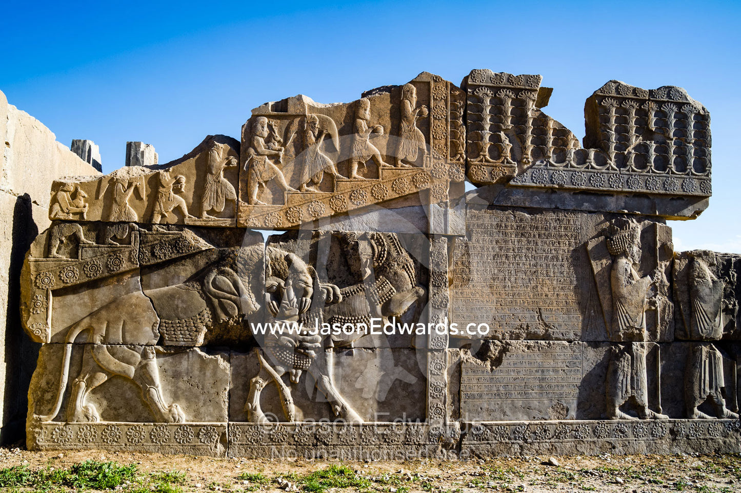 A limestone frieze of a lion battling a bull carved into a stone wall at Persepolis. Persepolis, Shiraz, Fars Province, Islamic Republic of Iran.
