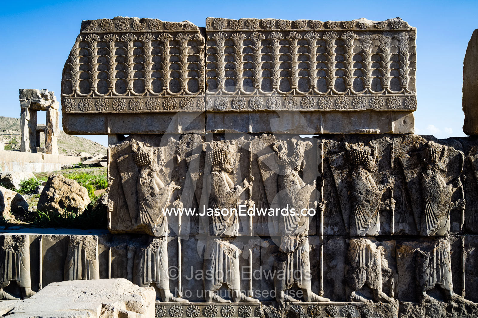 Immortal guards carved into the limestone at the ruins of Persepolis. Persepolis, Shiraz, Fars Province, Islamic Republic of Iran.