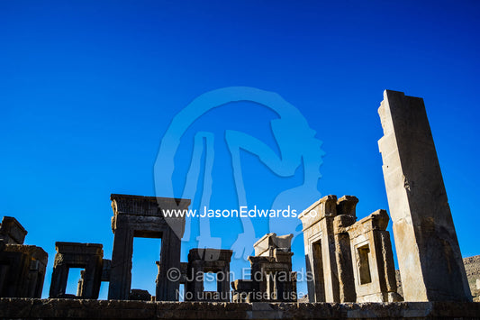 The towering columns, doorways and lintels of the Tachara Palace. Persepolis, Shiraz, Fars Province, Islamic Republic of Iran.