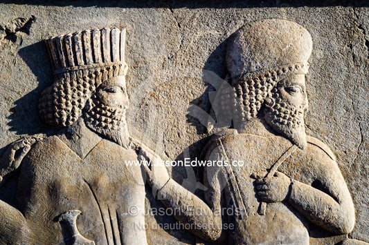 A limestone frieze of Mede and Persian noblemen at Persepolis. Persepolis, Shiraz, Fars Province, Islamic Republic of Iran.