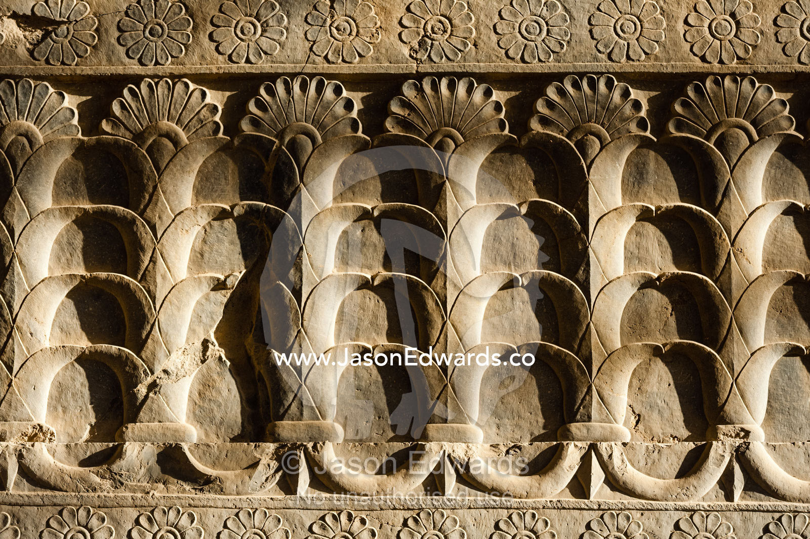 A limestone frieze of lotus flowers carved into a stone wall at Persepolis. Persepolis, Shiraz, Fars Province, Islamic Republic of Iran.