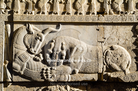 A limestone frieze of a lion battling a bull carved into a stone wall at Persepolis. Persepolis, Shiraz, Fars Province, Islamic Republic of Iran.